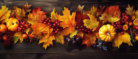 Festive autumn and Happy Thanksgiving decor from pumpkins, berries and leaves. . photo