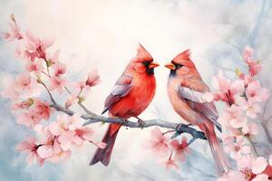 Pair of red birds Northern Cardinals in spring nature. Pastel color style in pink tones - photo