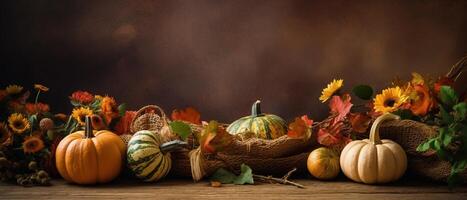 Festive autumn and Happy Thanksgiving decor from pumpkins, berries and leaves. . photo