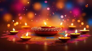 Illustration of Diwali festival Diya Lamp with rangoli at the bottom. . photo