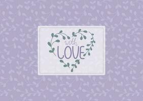 Lettering text With love, heart shape from twigs with leaves. Vector isolated label or sticker in flat style, floral pattern.