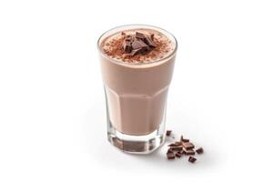 Chocolate milkshake or smoothie with pieces of chocolate on a white background. photo