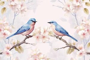 Pair of blue birds in spring nature. Pastel color style in blue tones - photo