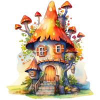 Illustration of a fairy-tale house on a tree with a lot of flowers AI Generative png