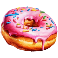 Illustration of a donut with pink icing and colorful sprinkles png