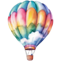 en färgrik varm luft ballong är flygande i de himmel, vattenfärg illustration ai generativ png