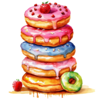 Watercolor illustration of a stack of delicious donuts with icing and sprinkles png