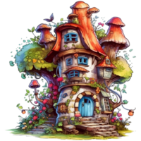 Illustration of a fairy-tale house on a tree with a lot of flowers AI Generative png