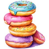 Watercolor illustration of a stack of delicious donuts with icing and sprinkles png