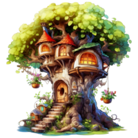 ilustración de un cuento de hadas casa en un árbol con un lote de flores ai generativo png