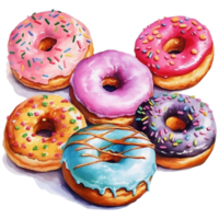 Watercolor illustration of a stack of delicious donuts with icing and sprinkles png
