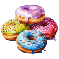 Watercolor illustration of a stack of delicious donuts with icing and sprinkles png