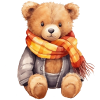 Cute teddy bear in scarf. Watercolor illustration, Hello Autumn png