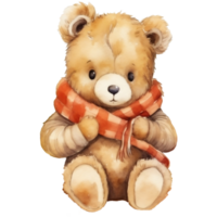 Cute teddy bear in scarf. Watercolor illustration, Hello Autumn png