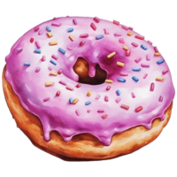 Illustration of a donut with purple icing and colorful sprinkles png