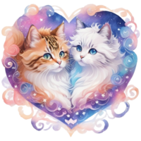 två katter i de form av en hjärta, vattenfärg illustration ai generativ png