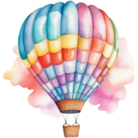 A colorful hot air balloon is flying in the sky, Watercolor illustration png
