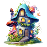 illustratie van een sprookje huis Aan een boom met een veel van bloemen ai generatief png