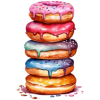 Watercolor illustration of a stack of delicious donuts with icing and sprinkles png