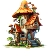 Illustration of a fairy-tale house on a tree with a lot of flowers AI Generative png