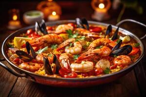 Traditional seafood paella in the pan. photo