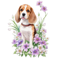 Dog with flowers Watercolor illustration isolated, AI Generative png