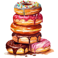 Watercolor illustration of a stack of delicious donuts with icing and sprinkles png