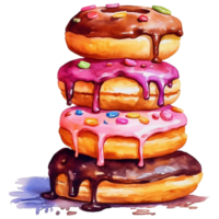 Watercolor illustration of a stack of delicious donuts with icing and sprinkles png