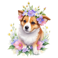 Dog with flowers Watercolor illustration isolated, AI Generative png
