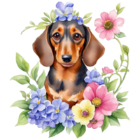 Hund mit Blumen Aquarell Illustration isoliert, ai generativ png