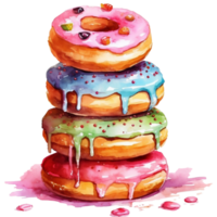 Watercolor illustration of a stack of delicious donuts with icing and sprinkles png