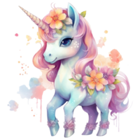 Cute unicorn with spring flowers watercolor illustration, AI Generative png