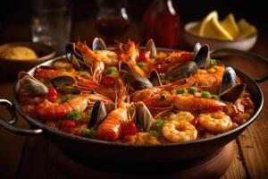 tradicional Mariscos paella en el cacerola. generativo ai foto