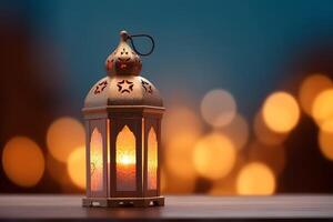 Ornamental Arabic lantern with burning candle glowing at night. Muslim holy month Ramadan Kareem. photo