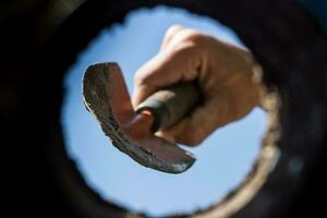 the hardworking hand that cultivates the garden seen from the inside of the earth photo