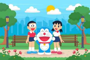 Boy and Girl Smile Together in The Park With Their Robot Cat vector