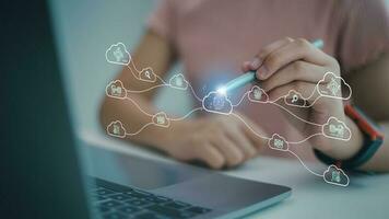 Women with cloud computing diagrams. Cloud technology concept. Data storage. Networking and Internet service concept. photo