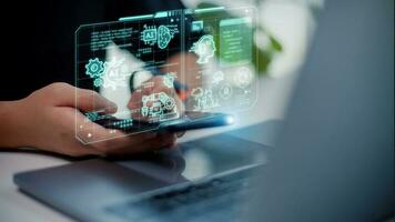 Chatbot Chat with AI, Artificial Intelligence. Women use technology smart robots AI, and artificial intelligence by enter command prompts for generates something, Futuristic technology transformation. photo