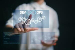 Agile programming and DevOps concept. Engineer working the virtual screen. IT operations, high software quality, and software development. photo