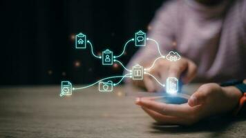 Document Management System DMS, online documentation database and process automation to efficiently manage files, knowledge and documentation in enterprise with ERP. Corporate business technology. photo