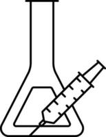 Beaker And Syringe For Search Vaccine Icon In Black Line Art. vector