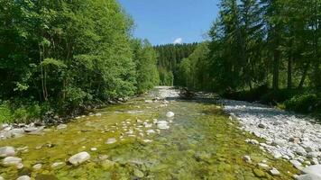 aéreo Visão do montanha Ribeiro ou rio fluindo dentro a verde vale. tatra montanhas, Eslováquia video