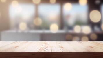 Wooden texture table top on blurred cafe bokeh light background. For product display or photo studio commercial. For showcase Product display mock up. .