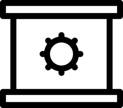 Cog symbol on scroll paper icon in line art. vector