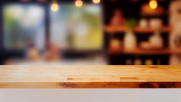 Wooden texture table top on blurred cafe bokeh light background. For product display or photo studio commercial. For showcase Product display mock up. .