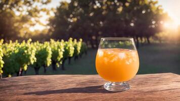 Wooden Table Product Display Blurred French Vineyard Backdrop. photo