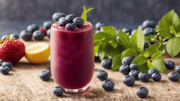 Healthy Cold Blueberry Drink In Glass With Fresh Berries And Ice. photo