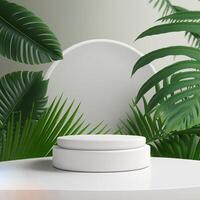 white product podium with green tropical palm leaves generative ai photo