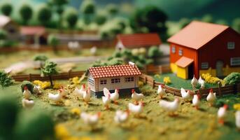 . Miniature Clay World Super Cute Freeze Frame Animation. Poultry Farming and Agricultural Machinery in Tilt Shift Landscape. Excellent Lighting Enhances Volume with Brush Rendering. photo