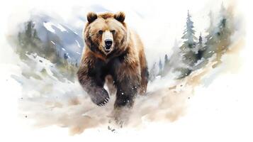 . HyperRealistic Watercolor Artwork of Magnificent Bear in Rugged Mountain Landscape. Fine Fur Details, Textures, and Hairs. Capturing Wilderness with Cool and Warm Tones. photo